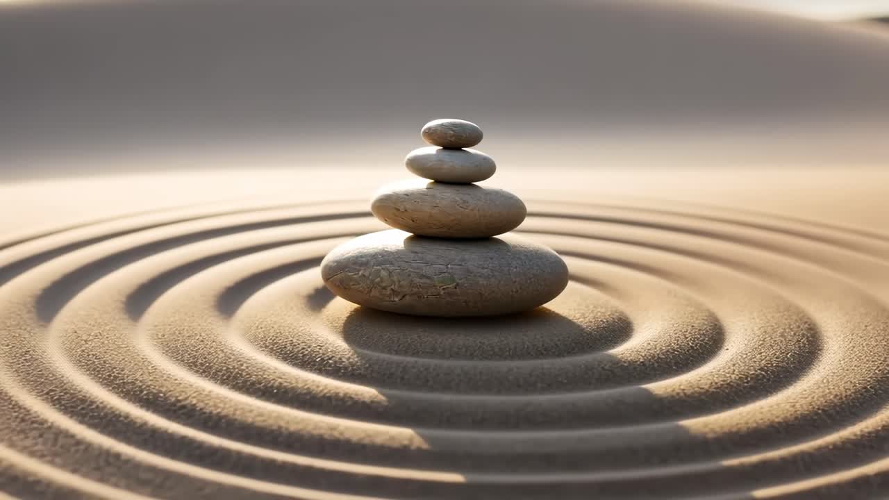 Zen garden with stacked stones and ripples in sand, captured from a low angle