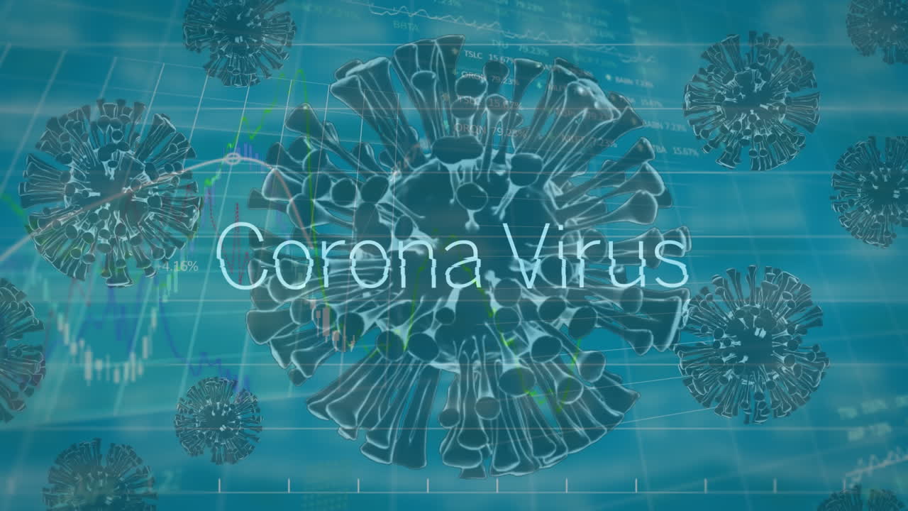 animación de la palabra coronavirus con células que se propagan y gráficos en el fondo