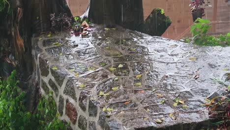 Cinematic-shot-of-the-rain-drops-captured-which-is-falling-on-the-designed-stone-for-sitting-under-a-tree-with-a-beautiful-natural-climate