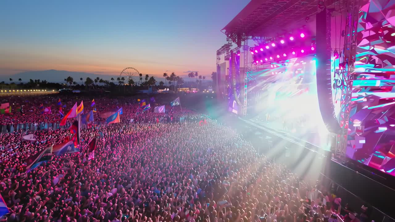 Aerial view of a vibrant music festival at sunset, capturing the lively crowd and stage lights