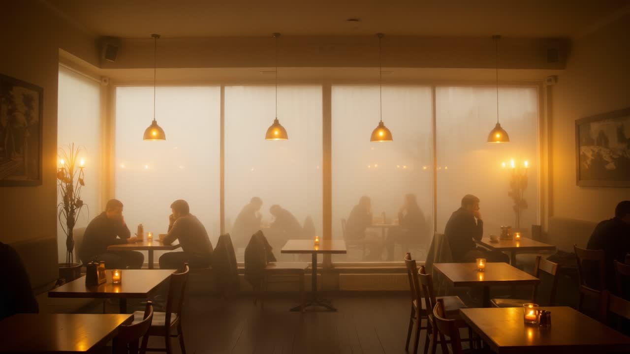 A Cozy Cafe Scene with Subdued Lighting and Soft Fog, Creating an Intimate Atmosphere for Patrons Engaged in Conversation and Reflection