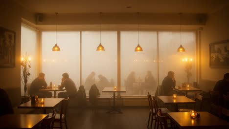 a cozy cafe scene with subdued lighting and soft fog, creating an intimate atmosphere for patrons engaged in conversation and reflection