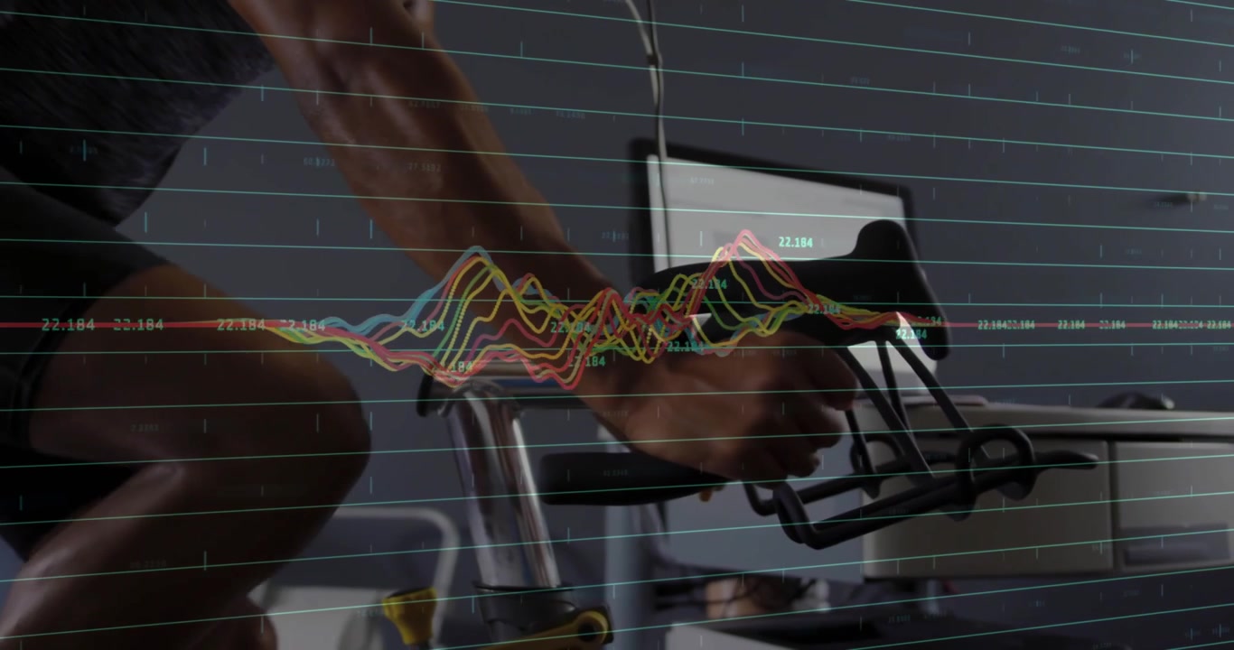 Gráfico de dados digitais sobreposto em pessoa se exercitando em bicicleta ergométrica