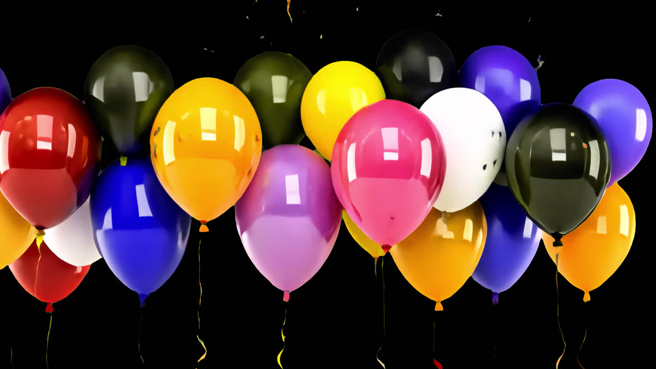 Sovrapposizione animata di palloncini colorati su sfondo viola, video 4K trasparente, canale alfa