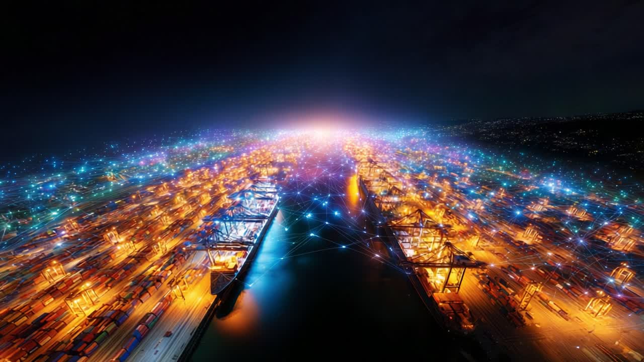A Vibrant Nighttime View of a Port Illuminated with Colorful Lights, Highlighting the Expansive Network of Shipping Containers and Cranes Against a Dazzling Night Sky