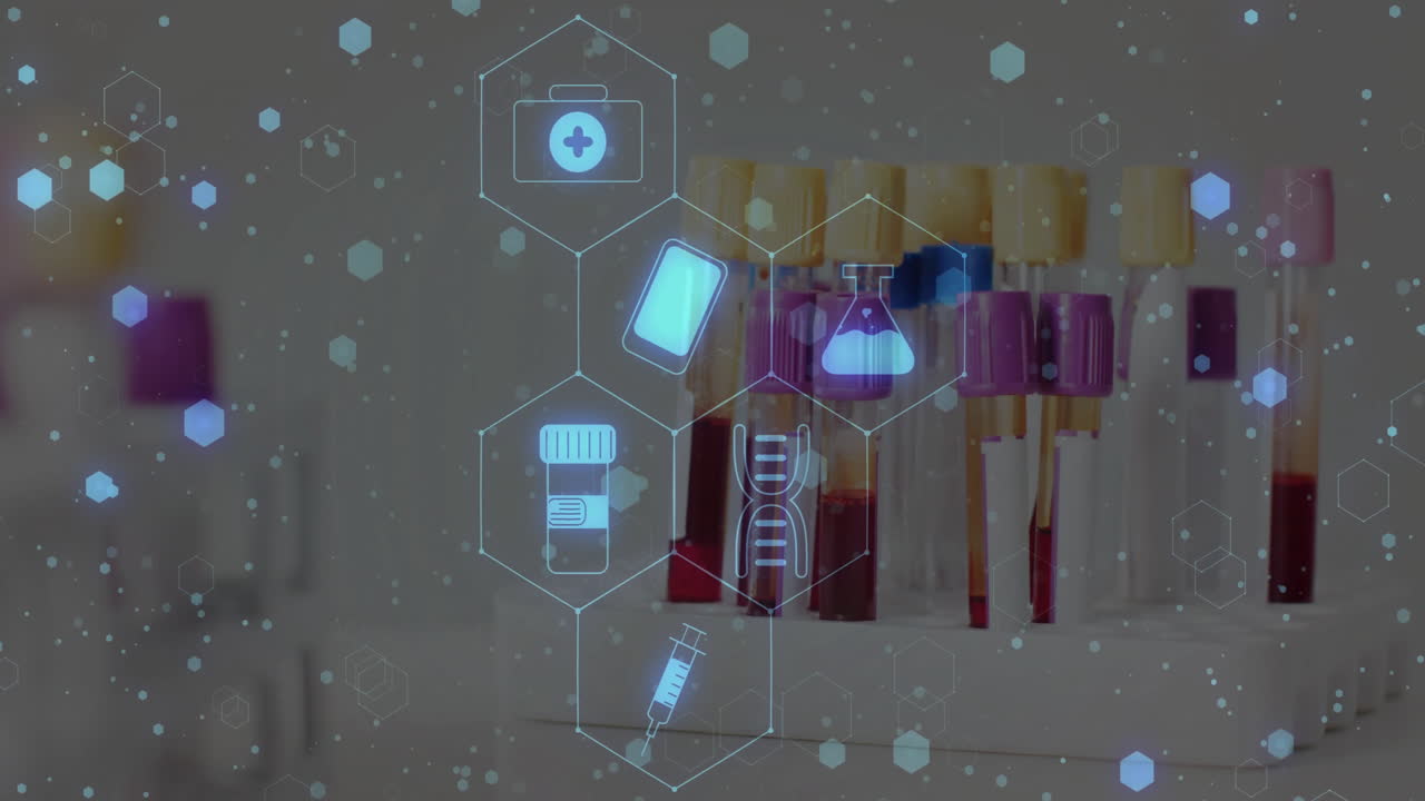Animation of medical icons over vials on white background