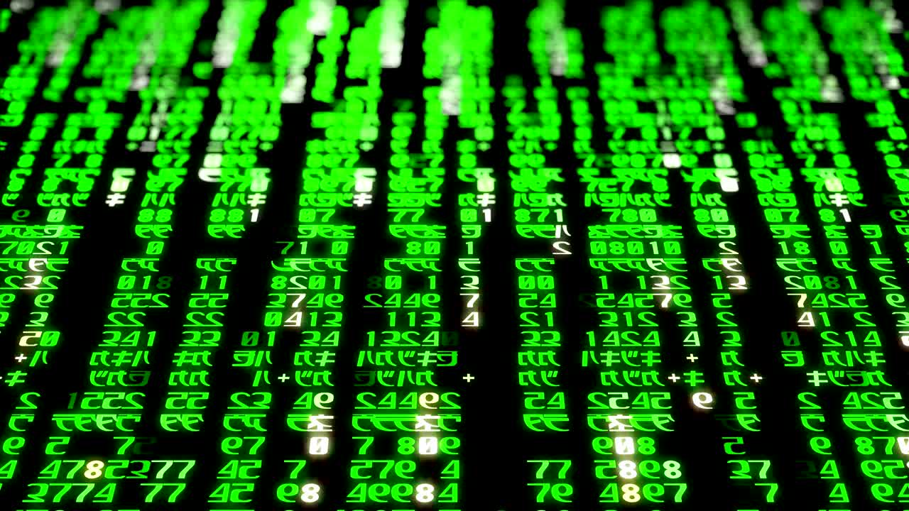 абстрактный матричный код перемещается в виртуальном пространстве.