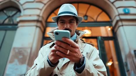 a man in a hat and trench coat looking at his phone