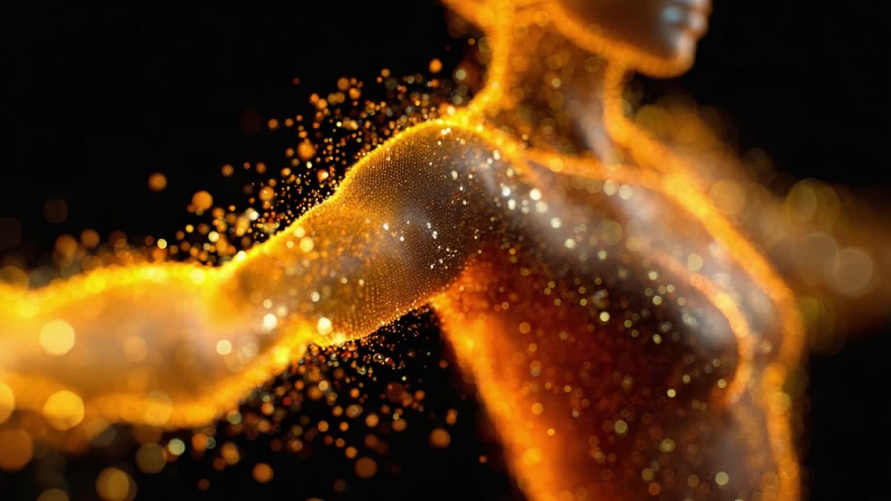 A stunning visual portrayal of a luminescent figure emanating with golden particles, creating a mesmerizing ambiance that captivates the viewer's attention and imagination