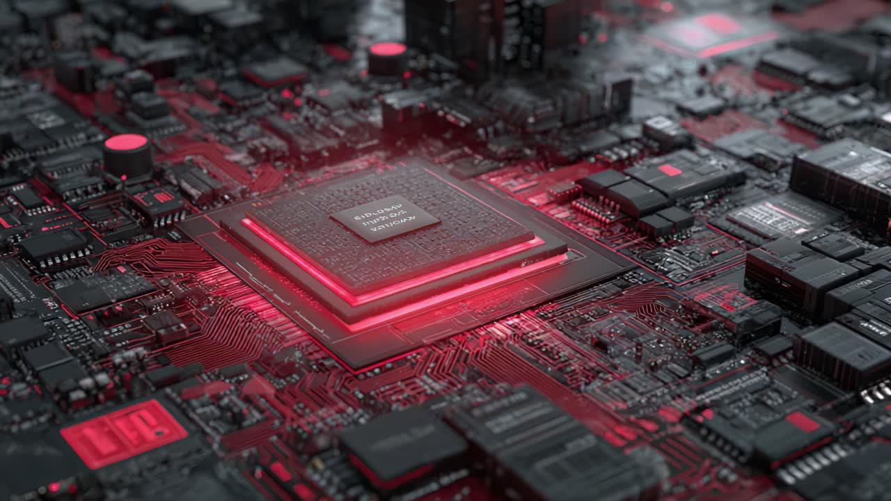 A Close-Up View of a High-Performance Computer Chip on a Circuit Board Highlighted with Red Lighting, Showcasing Advanced Technology and Precision Engineering