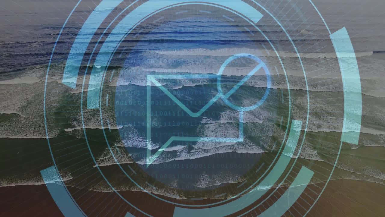 Envelope icon merging with magnifying-glass above beach, spinning circles and binary code drifting