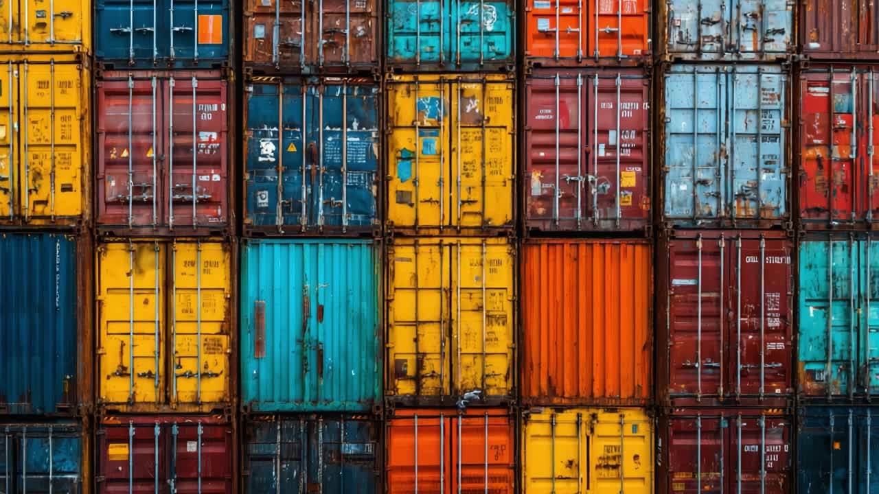 A Vibrant Mosaic of Multicolored Shipping Containers Showcasing Textures, Patterns, and the Industrial Aesthetic of Transport and Logistics