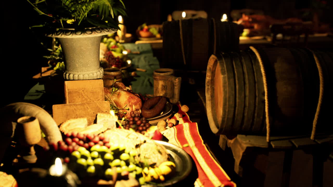 A richly laid table featuring diverse food and drinks for a festive gathering
