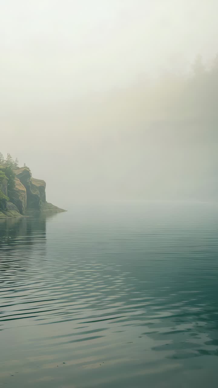 Vertical video: Stirring wind moving fog cove water making ripples flowing past left rocky shore