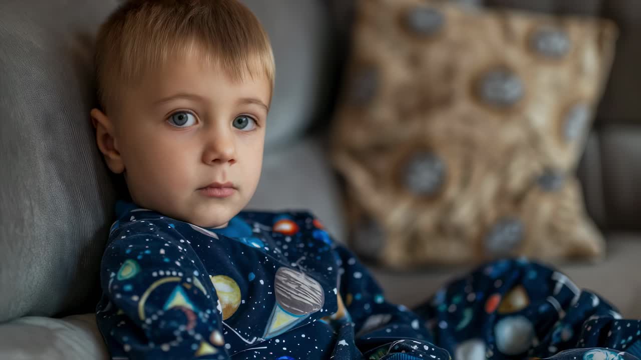 Blond toddler wearing space themed pajamas sitting comfortably on gray couch, gazing intently at television screen with curious expression during quiet moment at home