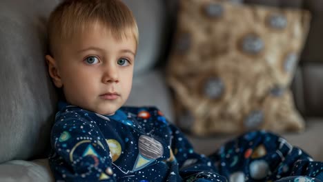blond toddler wearing space themed pajamas sitting comfortably on gray couch, gazing intently at television screen with curious expression during quiet moment at home