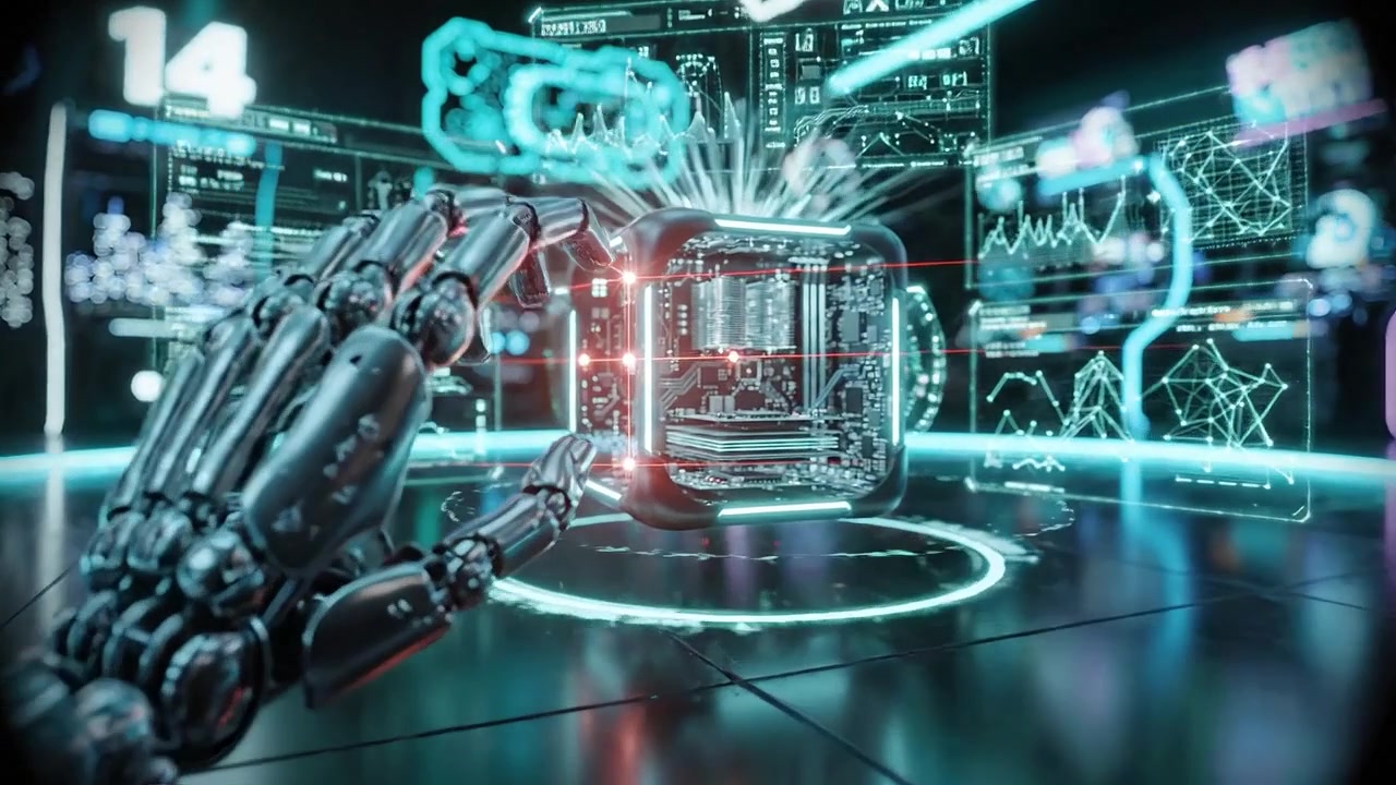 Futuristic Interaction: A Robotic Hand Reaches for a High-Tech Cube in a Neon-Lit Environment, Representing Advanced Technology and Digital Innovation