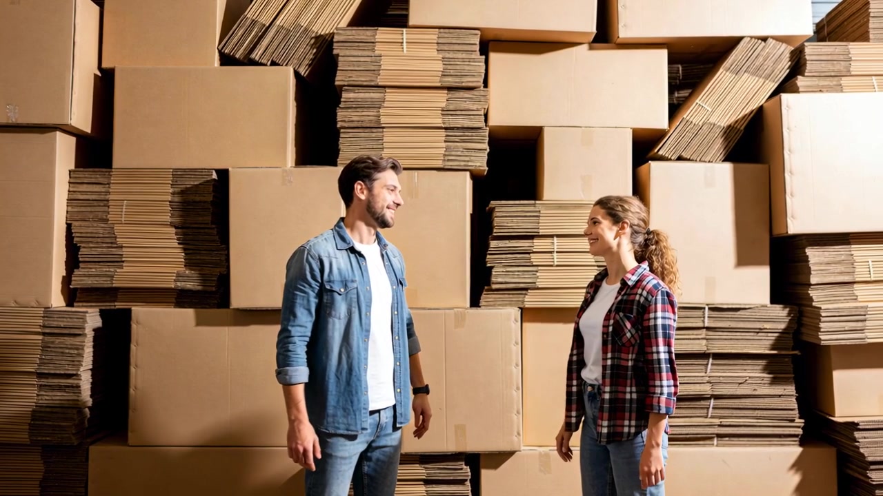 Facing man and woman exchanging high-fives in storage, denim, plaid, stacked cardboard, celebrating