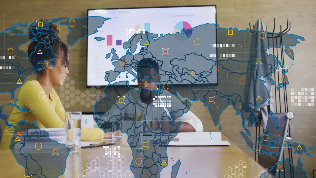 Man and woman exchanging gaze and gesturing document in business meeting, pulsing world map overlay