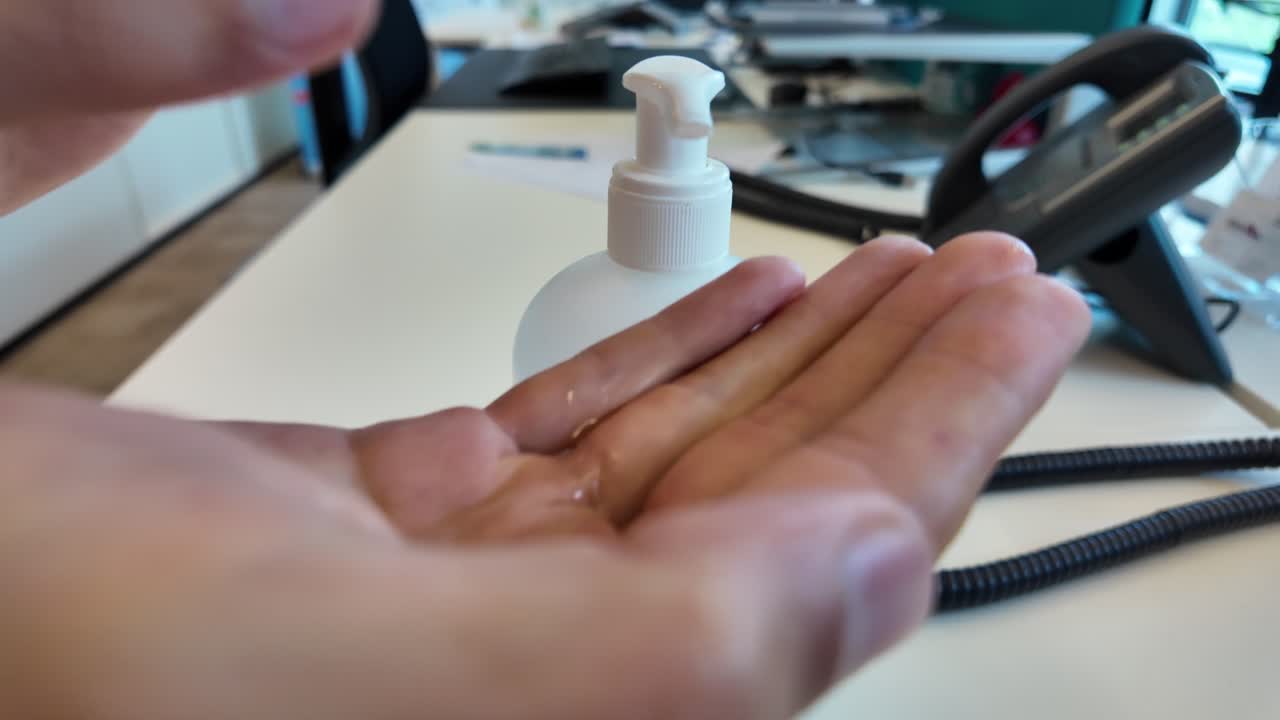 Nærbillede af flydende håndsprit, der doseres i håndfladen ved et kontorbord.