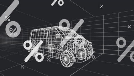 animación de múltiples símbolos porcentuales sobre un modelo de furgoneta 3d que se mueve en un patrón sin costuras en un túnel