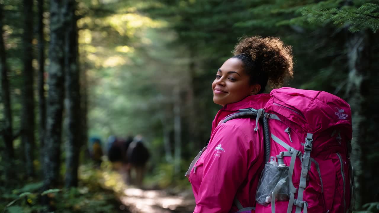 A Hiker in a Vibrant Pink Jacket Exploring a Forest Trail Surrounded by Greenery, Pointing Toward Nature's Beauty on a Bright Day with Fellow Adventurers in the Background