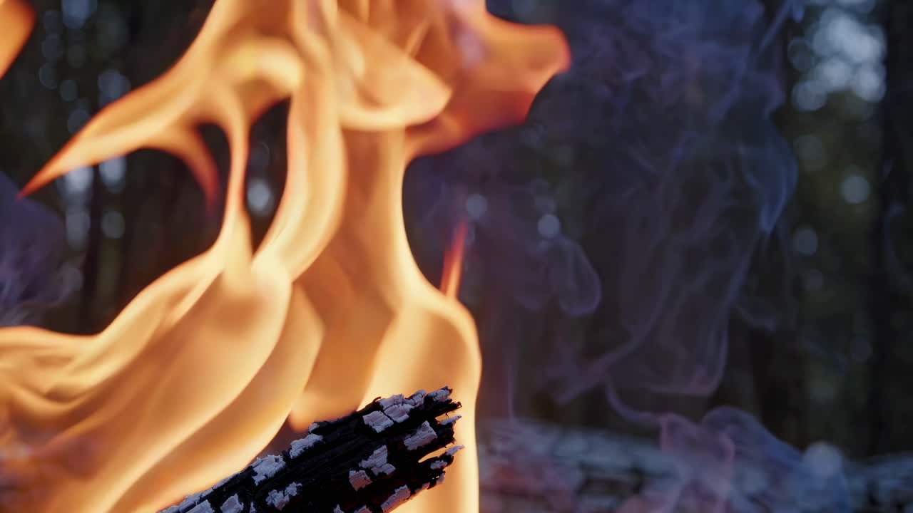 Video ravvicinato di un ceppo che brucia con fiamme vivide e fumo, ripreso all'altezza degli occhi.