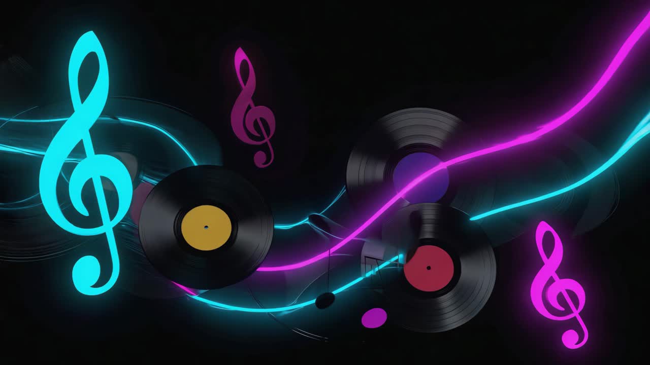 Vinyl Records with Neon Lights