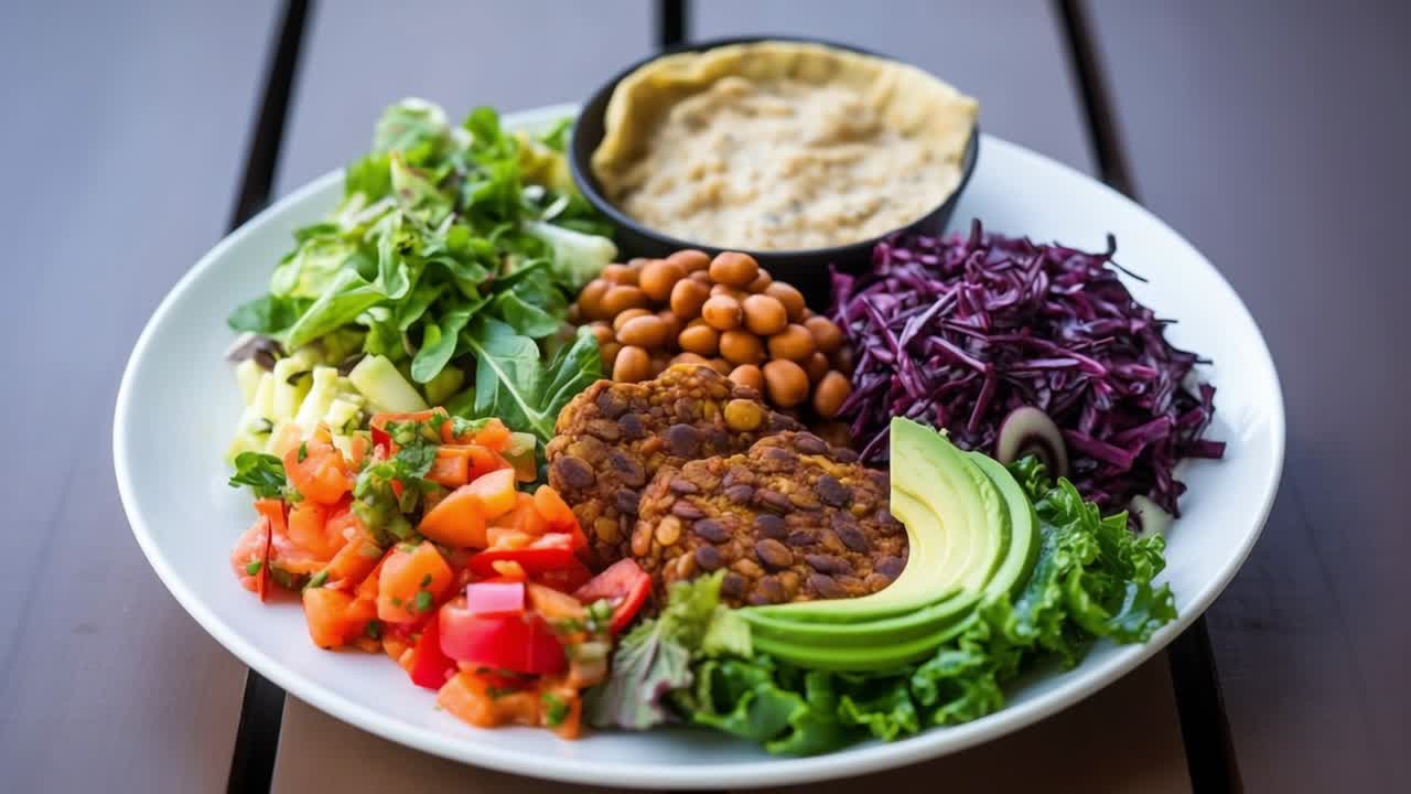 Vibrant vegan buddha bowl showcasing colorful layers of hummus, red cabbage, beans, creamy avocado, and ripe tomatoes arranged on rustic wooden surface