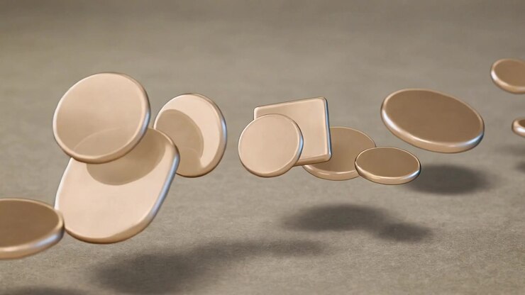 Entering from left, cluster of tokens drifting right on studio table, rotating, centering big disc