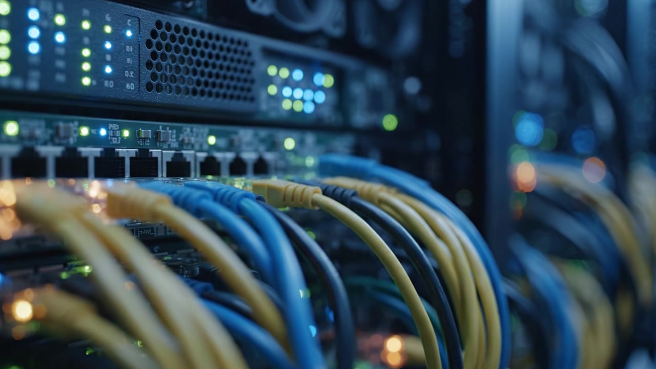 Detailed View of High-Tech Data Center with Illuminated Servers and Colorful Network Cables Connecting Equipment for Efficient Data Management and Transmission