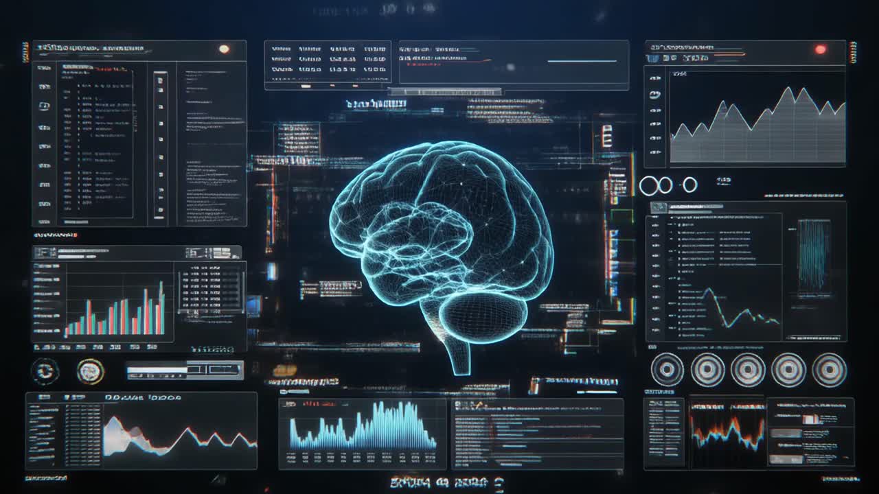 Futuristic Digital Human Brain Display with Data Analysis Interface