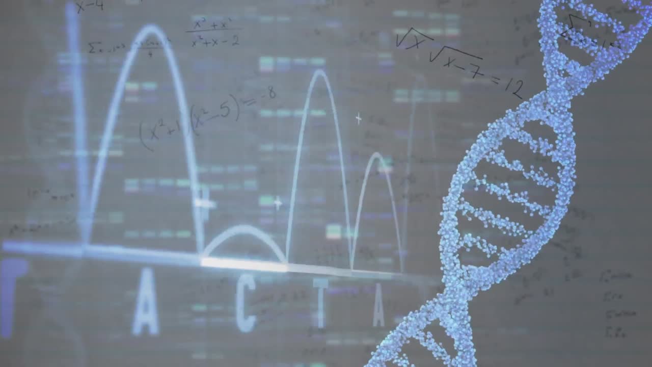 dna 가닥의 애니메이션과 회색 배경의 의료 데이터 처리
