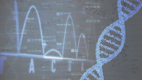 dna 가닥의 애니메이션과 회색 배경의 의료 데이터 처리