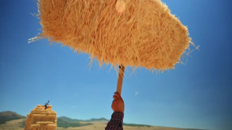 holding a bale of straw against the blue sky