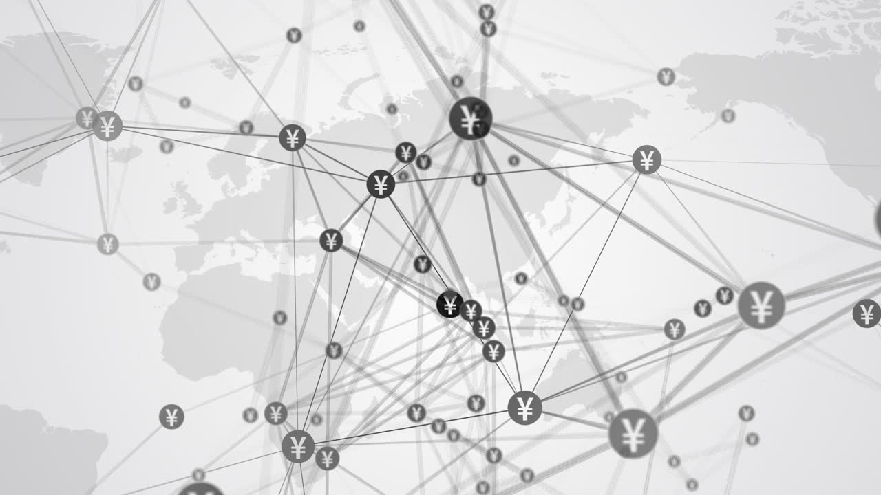 Numerous lines and dots with symbols of the Japanese yen on background of white world map. Abstract polygonal blurred looped animation.