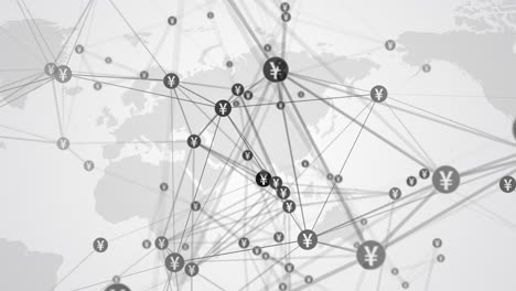 numerous lines and dots with symbols of the japanese yen on background of white world map. abstract polygonal blurred looped animation.