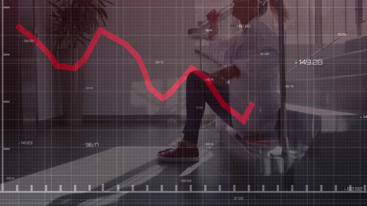 Statistical data processing against stressed caucasian female doctor sitting on stairs at hospital