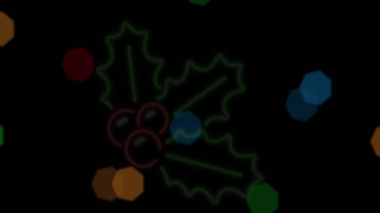animación de navidad neón holly y luces de hadas parpadeando sobre fondo negro.