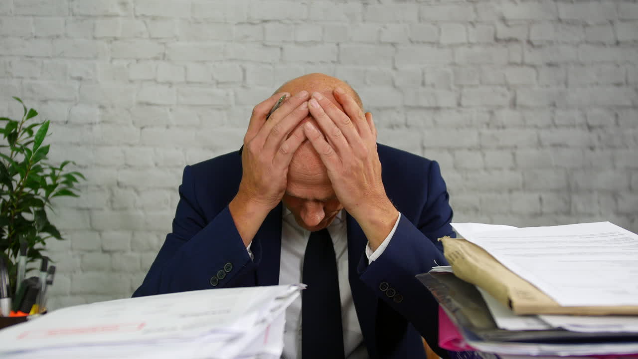 An over worked and stressed businessman with a pile of paperwork in stacks on a desk