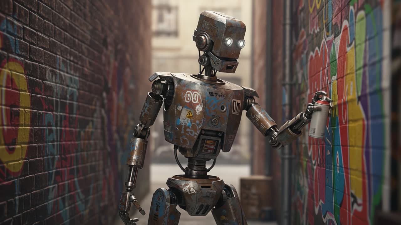 A Steampunk-Inspired Robot Engages in Urban Street Art, Spraying Colorful Graffiti on a Vibrant Wall in an Alleyway, Blending Technology and Creativity