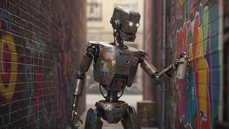a steampunk-inspired robot engages in urban street art, spraying colorful graffiti on a vibrant wall in an alleyway, blending technology and creativity