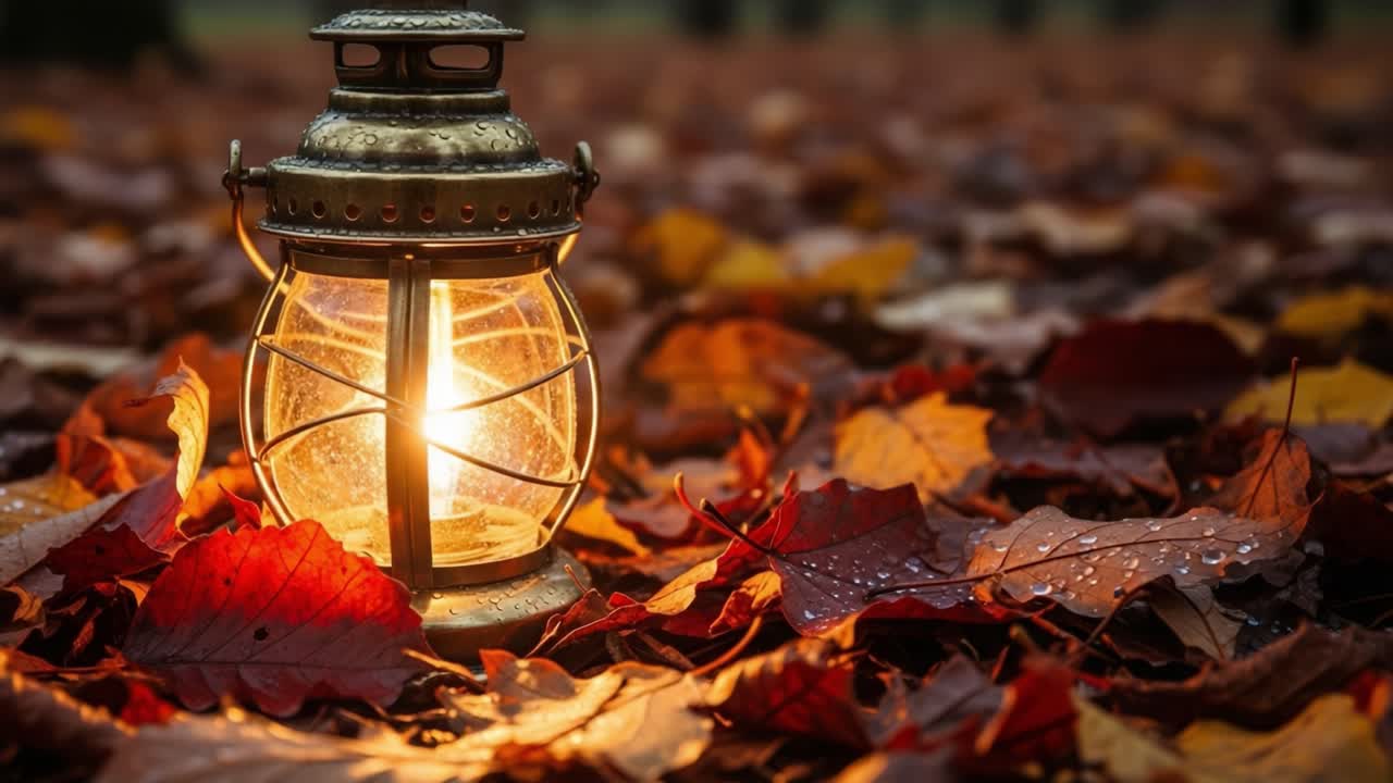 A vintage lantern illuminating a serene landscape scattered with autumn leaves, showcasing the beauty and warmth of an autumn evening ambiance