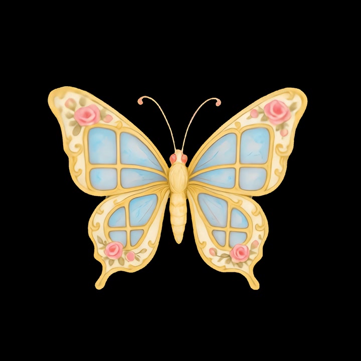 Farfalla animata in vetro colorato con dettagli floreali