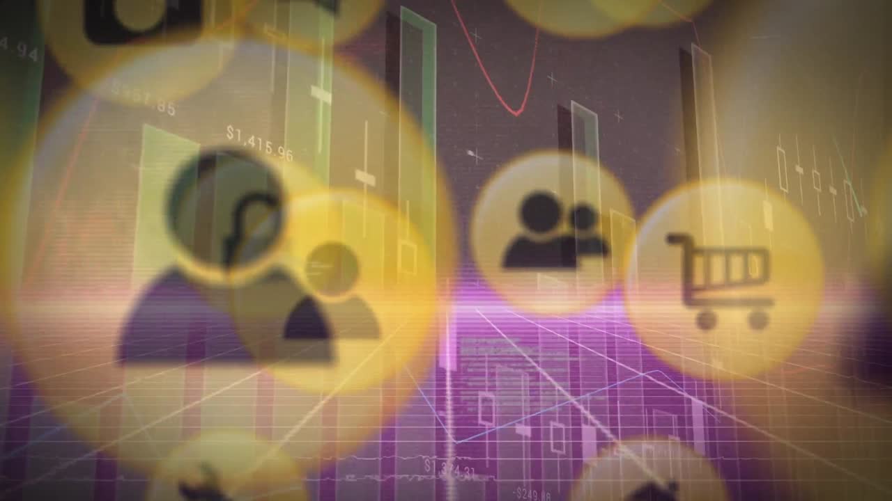 Animation of icons over financial data processing