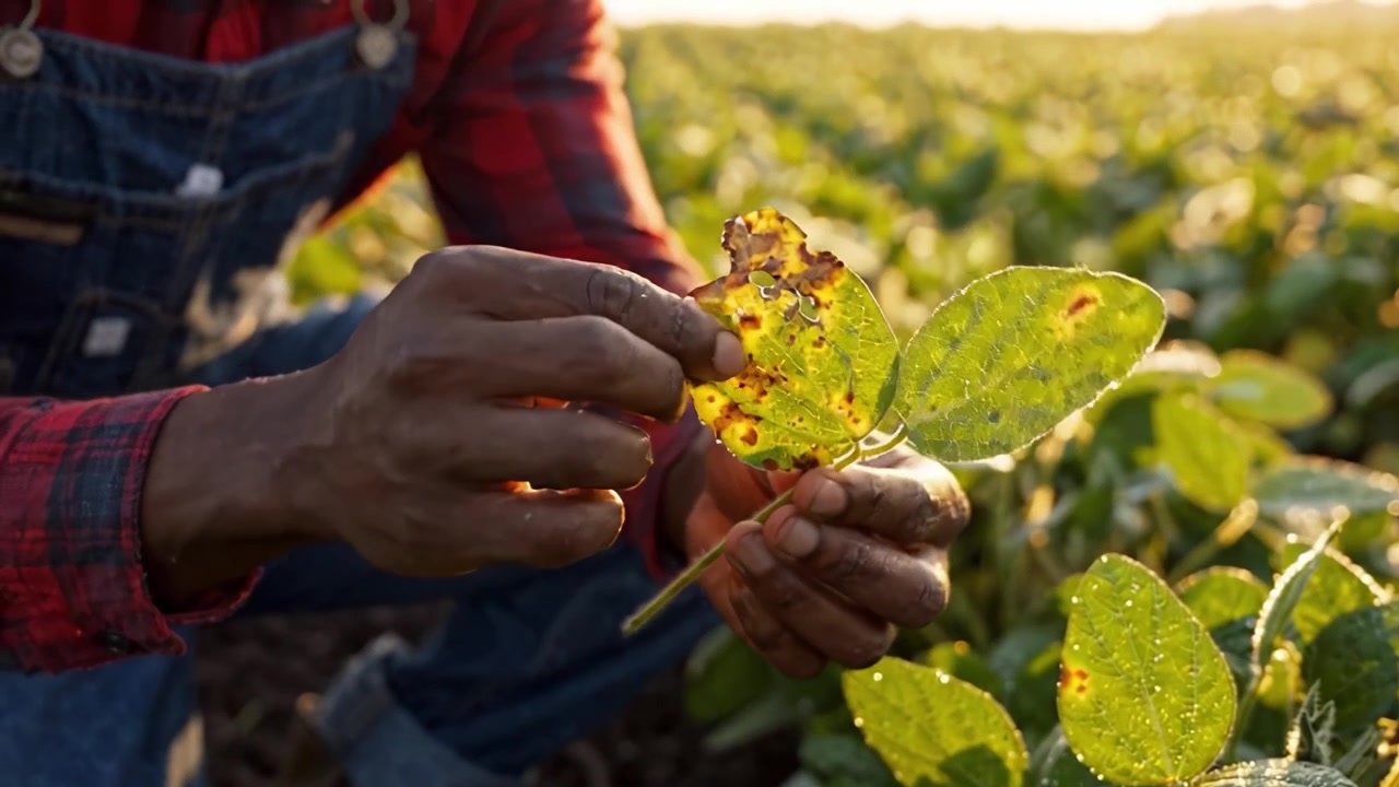 Agricoltore concentrato che esamina la salute delle colture in un campo verde lussureggiante durante l'ora d'oro, rappresentando il lavoro e la dedizione alle pratiche agricole sostenibili.