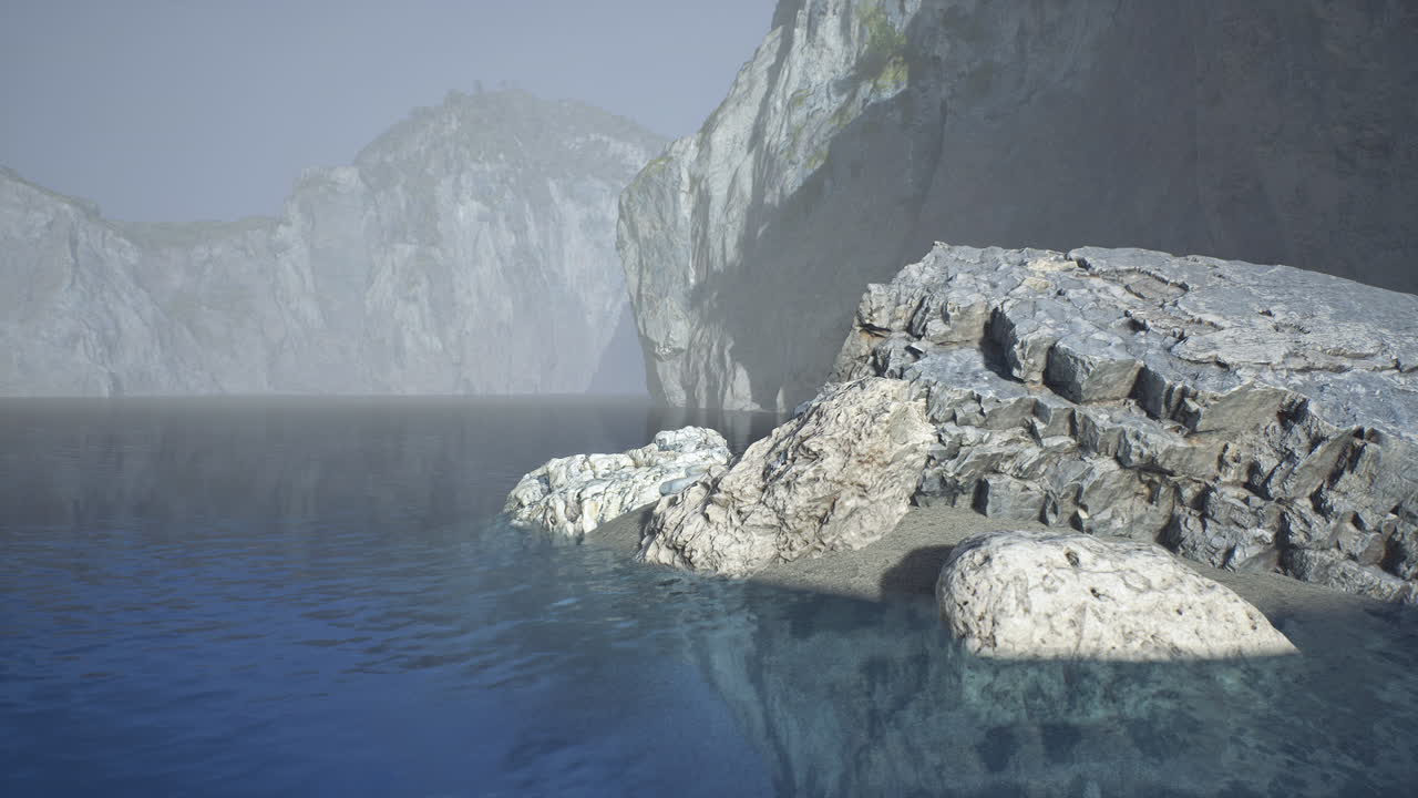 Mysterious rocky coastline in spain under foggy weather at dawn