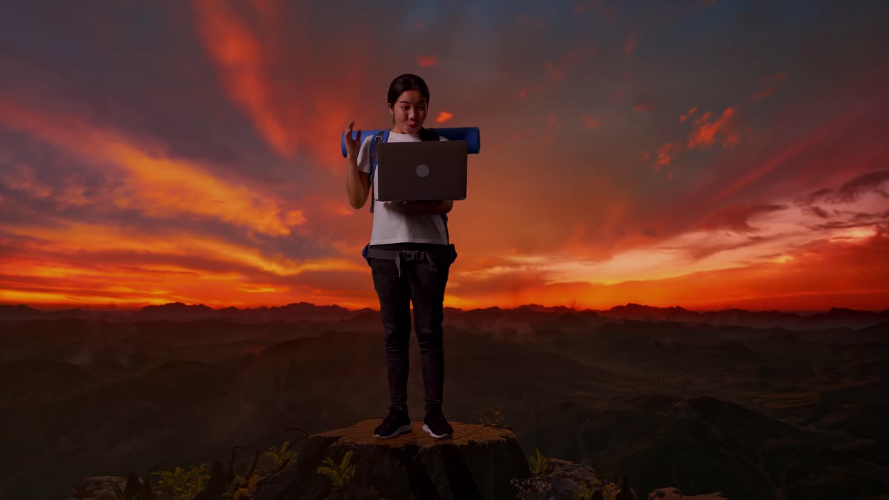 mujer trabajando en una computadora portátil en la cima de una montaña al atardecer