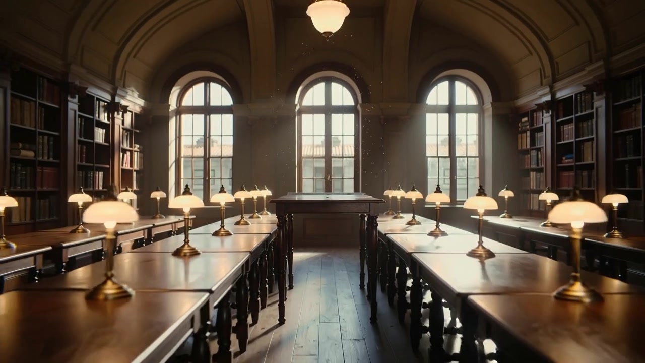 Pulling back camera showing center wooden table, dust motes drifting in light revealing library