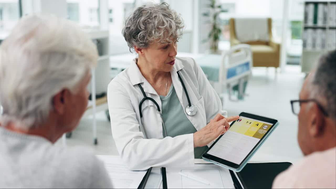 Woman, doctor and meeting couple with tablet